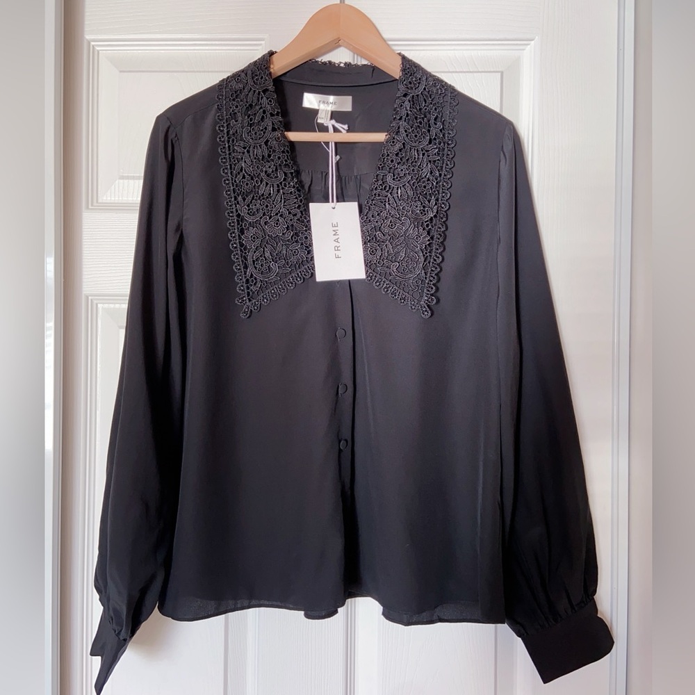 NWT $448 Frame Denim Lace Puritan Collar Silk Blouse In Black